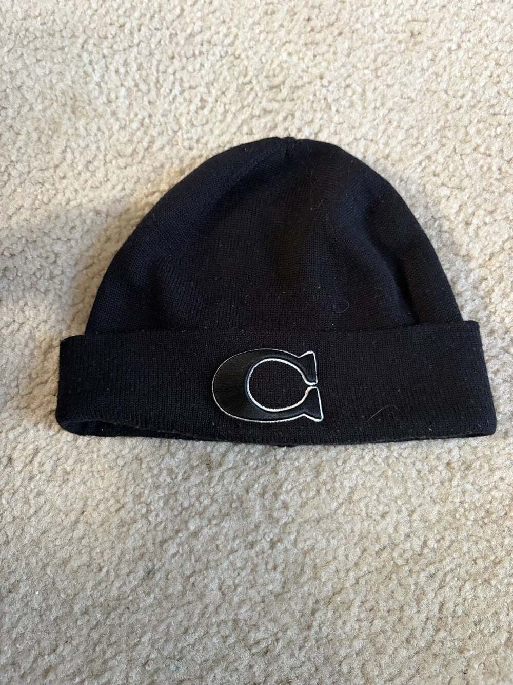 Coach Varsity C Embroidered Wool-Blend Beanie Hat Black
